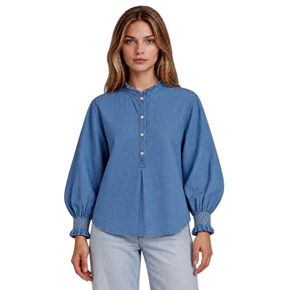 Tuckernuck Blue Denim Blouse Top Women's Size 3XL Ruffle Collar Smocked Cuff